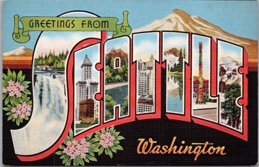 SEATTLE, Washington Large Letter Postcard Multi-View / KROPP Linen / c1940s