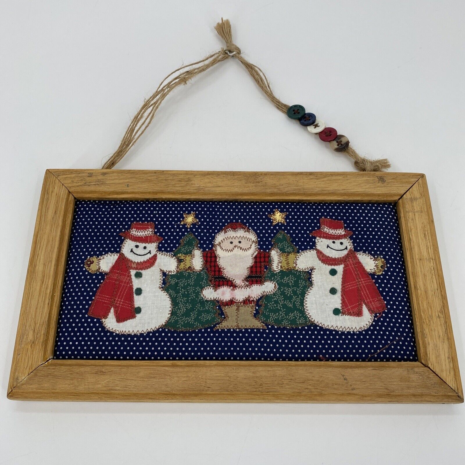 Vintage Christmas Santa Snowman Embroidered Art w/ Frame Holiday Decor 11\