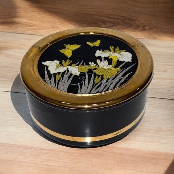 Vintage Black Round Trinket Box w/ Lid Art of Chokin 24K Gold Floral Japan
