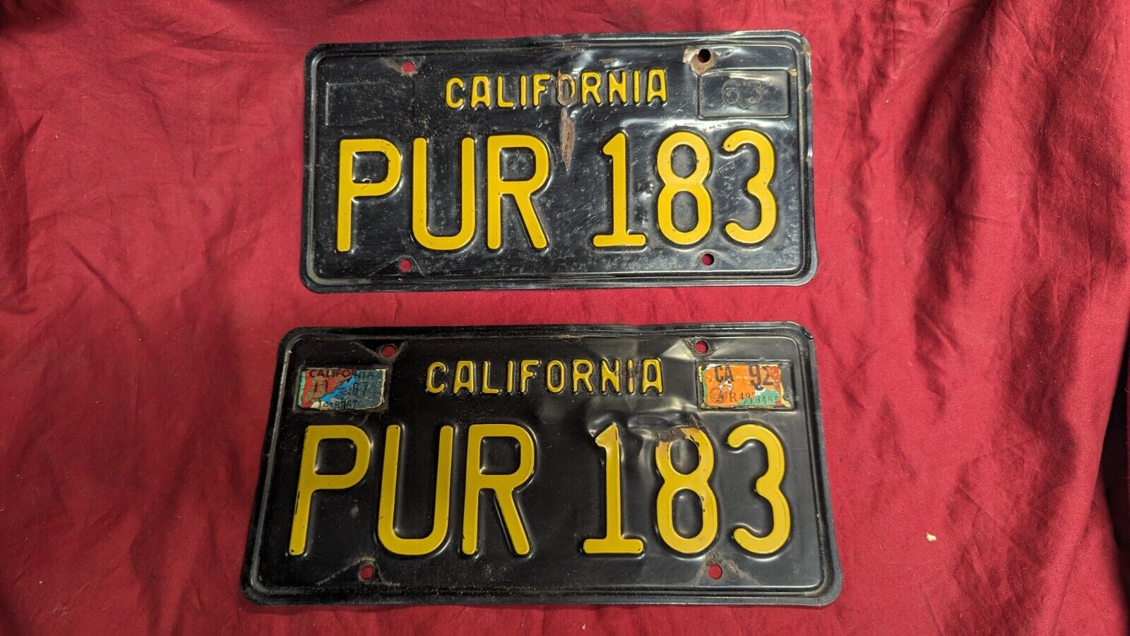 Matching 1963 California License Plates PUR 183 Vintage Black/Yellow 1966 1967