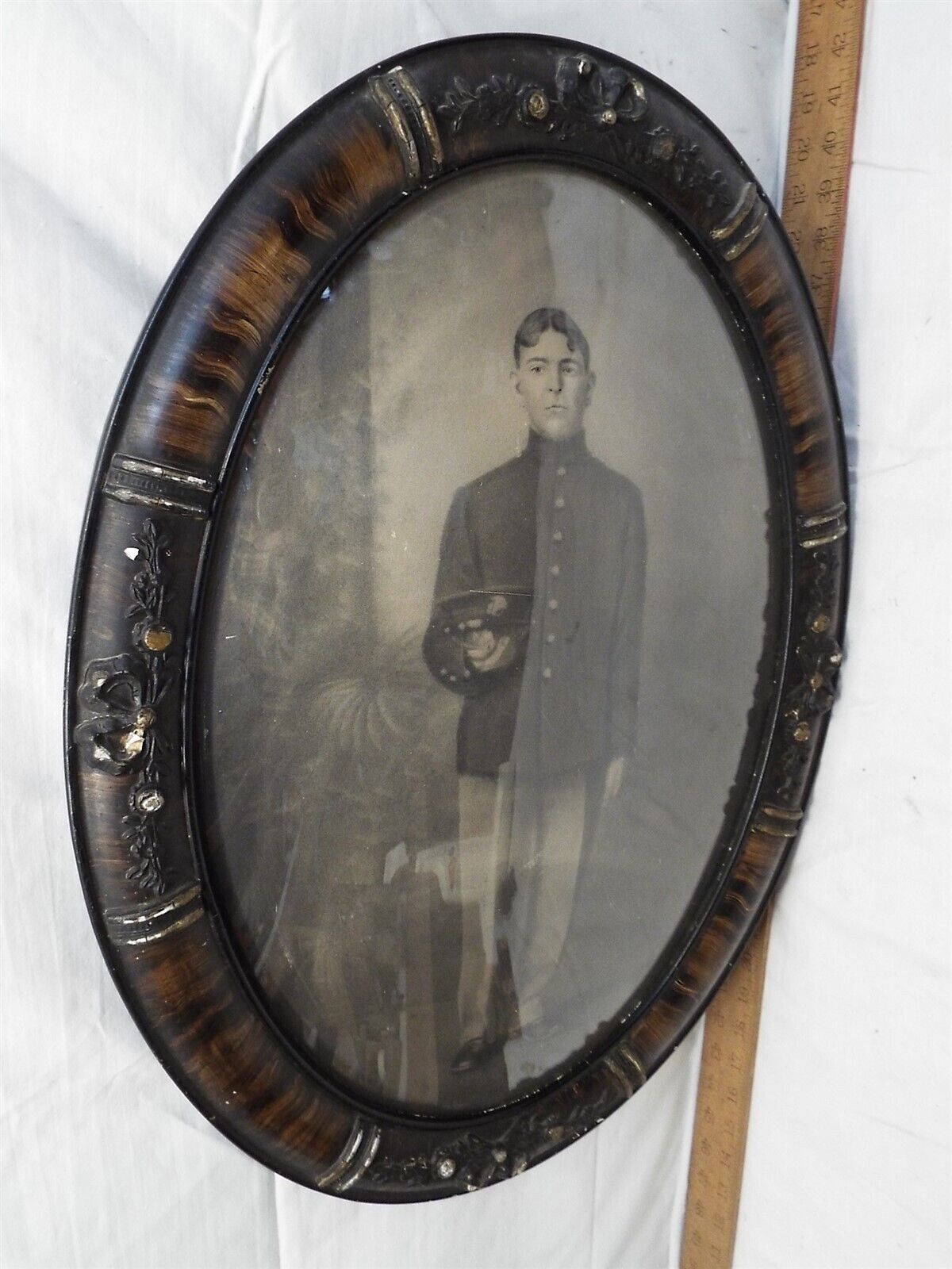 Pre WWI Era Military Soldier Photo Gesso on Wood Bubble Dome Glass Frame Army