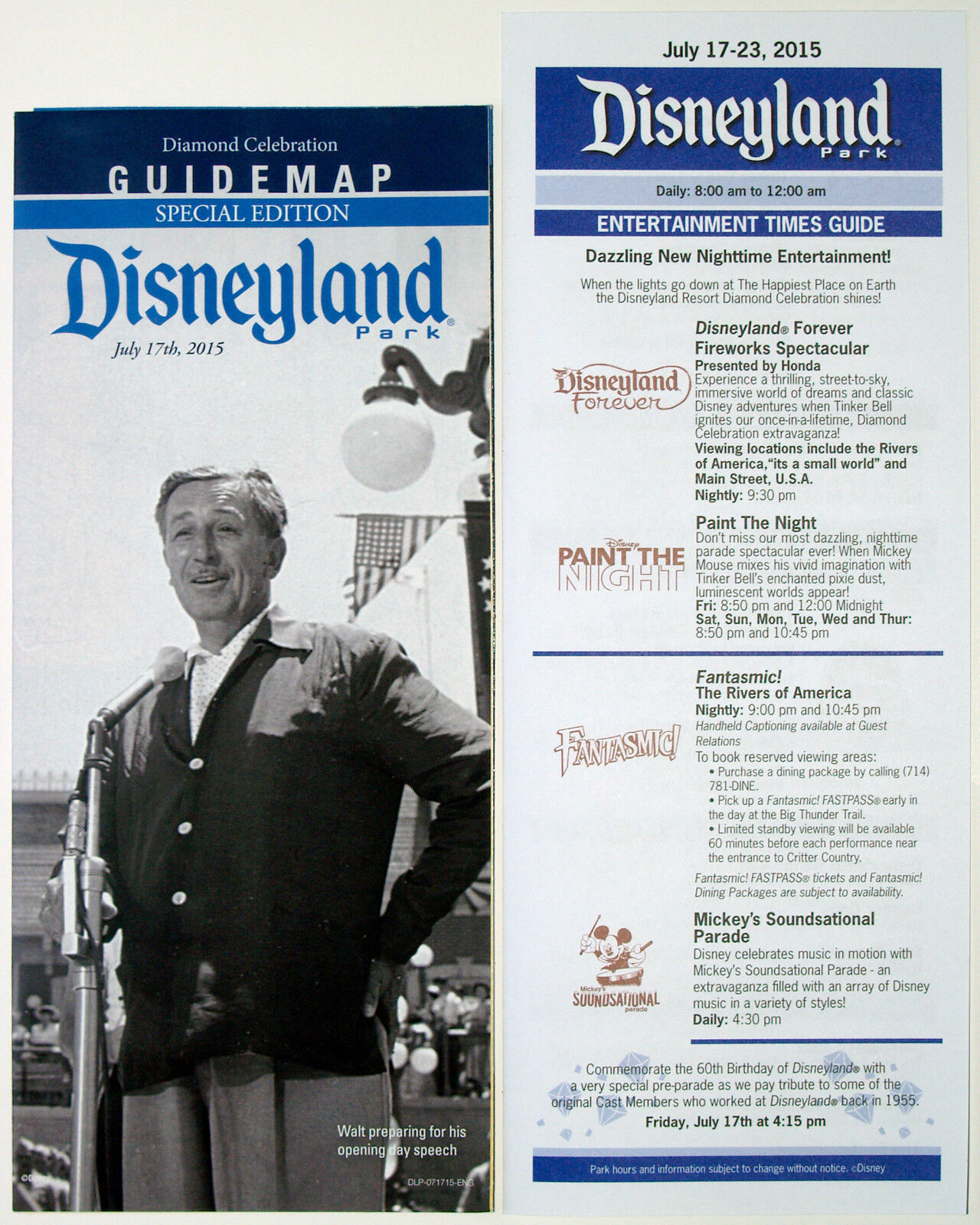 Disneyland 60th Diamond Celebration 7-17-15 1 Day Only LE Guide & Show Times