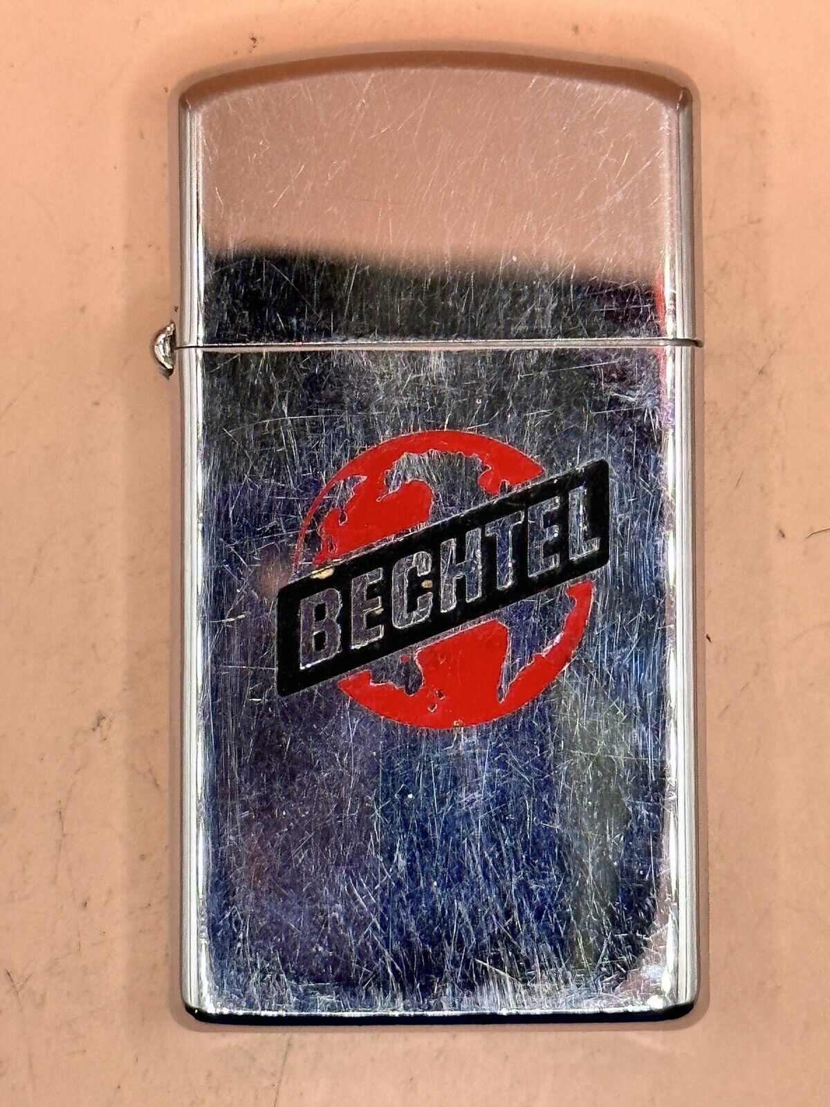 Vintage 1975 Bechtel Advertising High Polish Chrome Slim Zippo Lighter