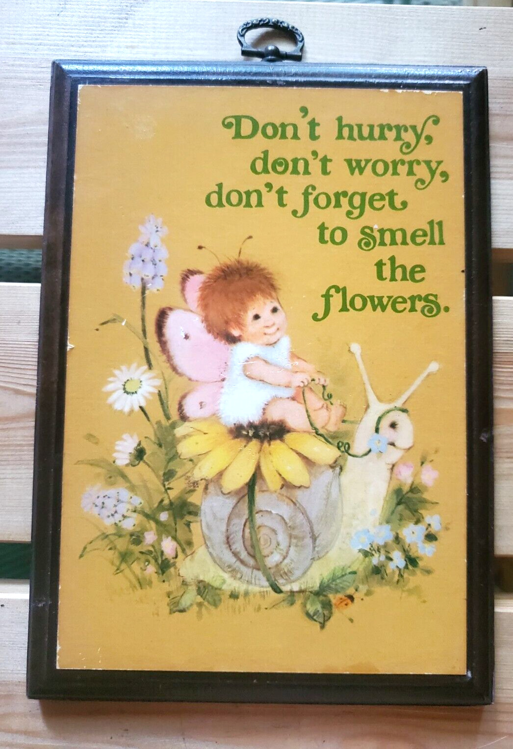 Vintage Don't Hurry Don't Worry Wall Plaque Kitschy Garden Fairy Riding a Snail