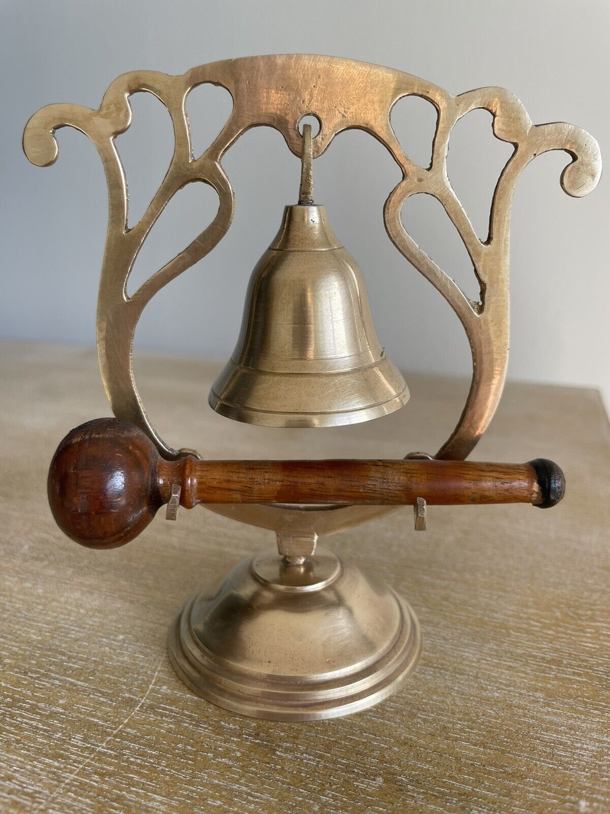 VINTAGE SMALL BRASS BELL WITH BRASS STAND AND WOODEN STRIKING MALLET