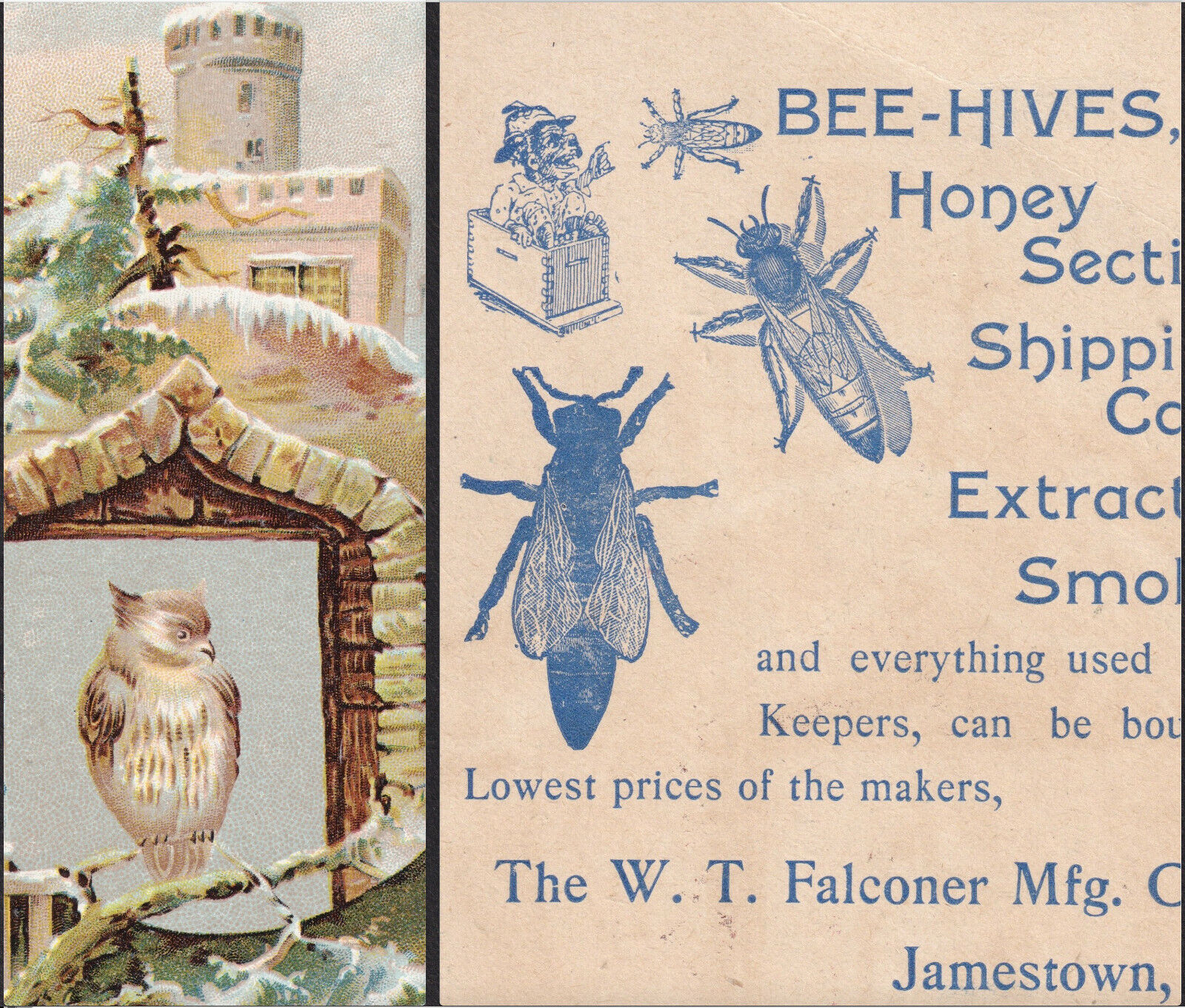Bee Smoker 1800\'s Honey Bee-Hive W.T. Falconer Jamestown NY Owl Black Trade Card