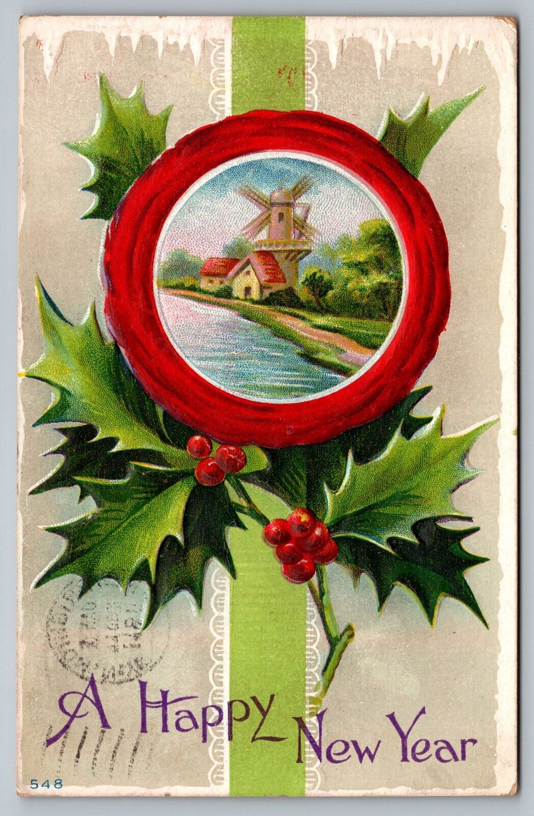 Postcard Happy New Year Holly Wreath Dutch Windmill on River Embossed c: 1911 