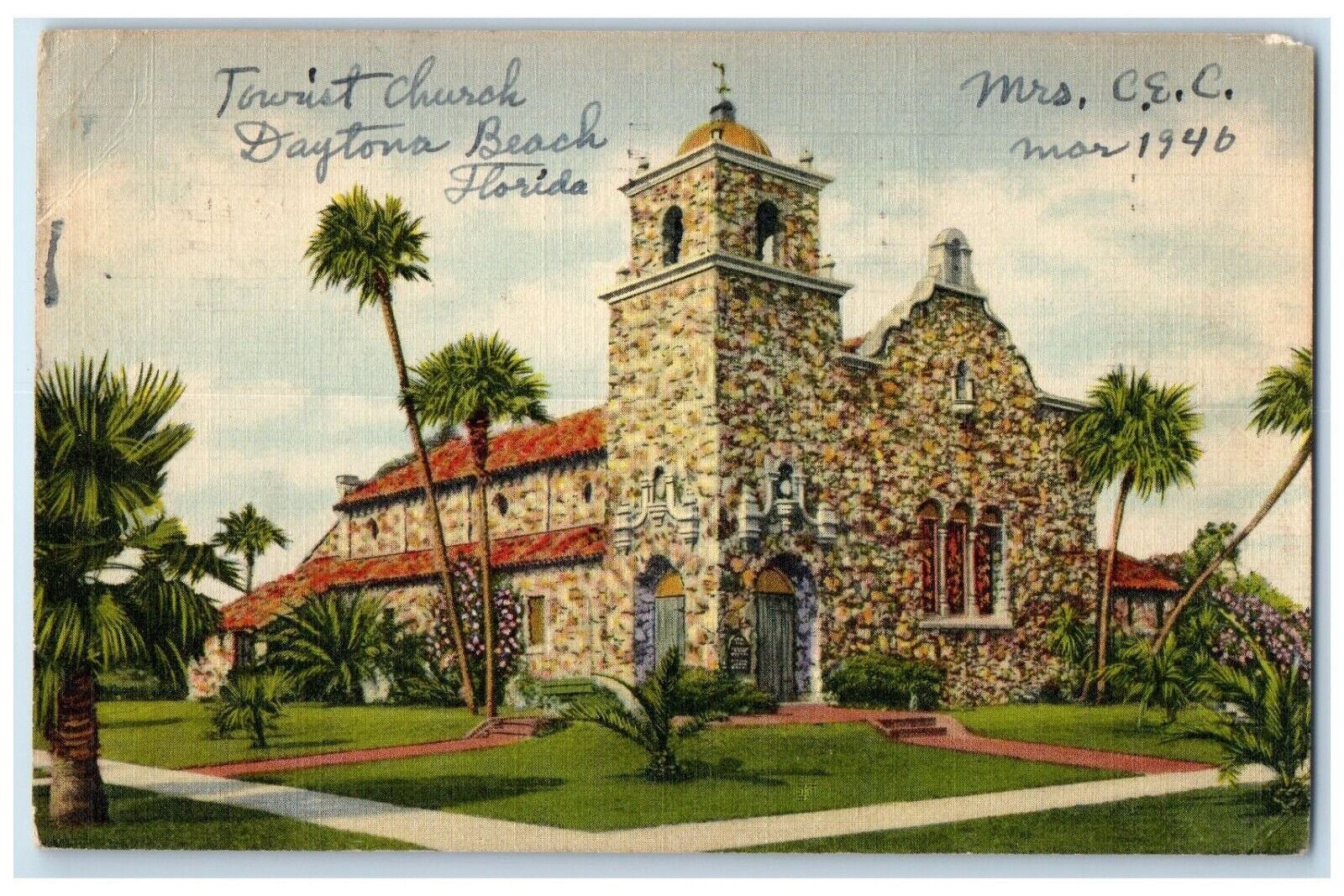 1938 Exterior View Tourist Church Building Daytona Beach Florida Posted Postcard