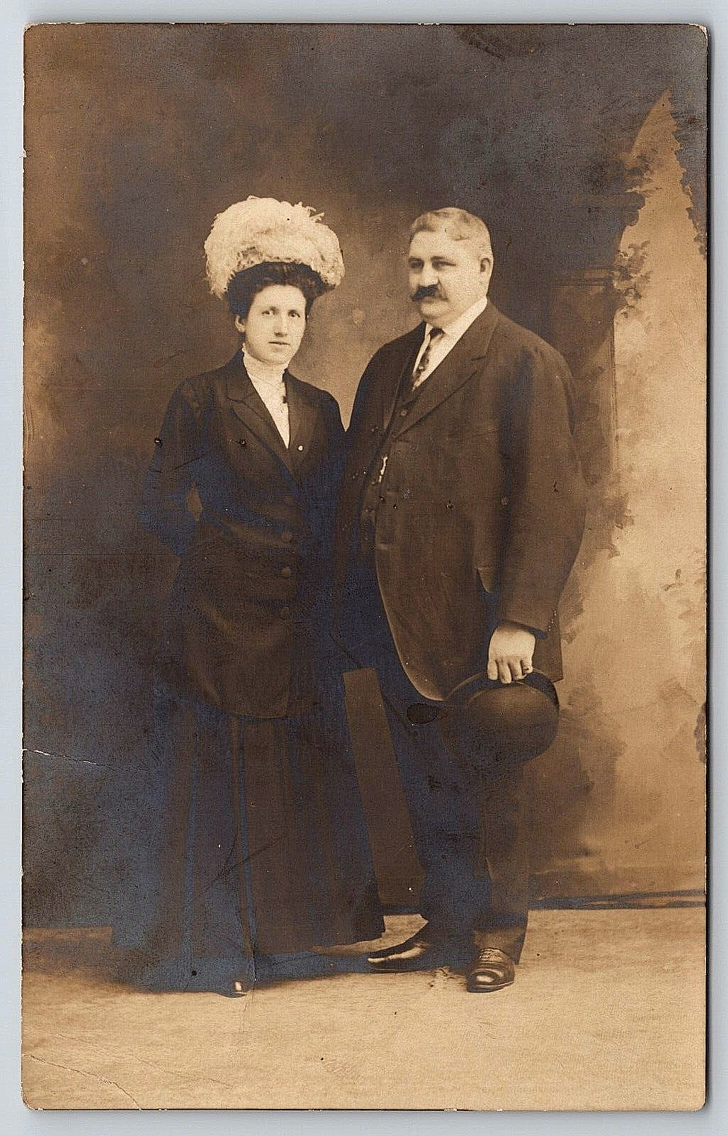 Original RPPC, Victorian Woman And Man Studio Portrait, Antique Vintage Postcard