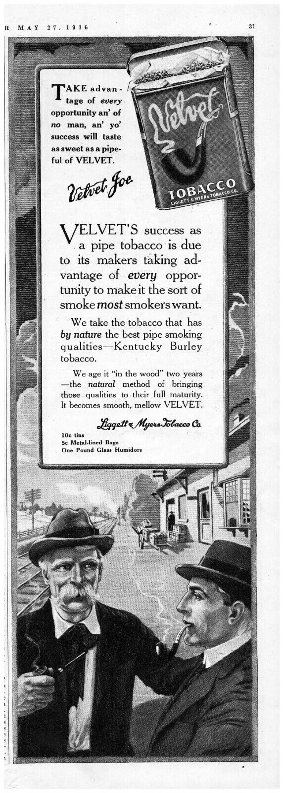 1916 Velvet Pipe Tobacco Antique Print Ad Railroad Tracks Train Station Homburg 