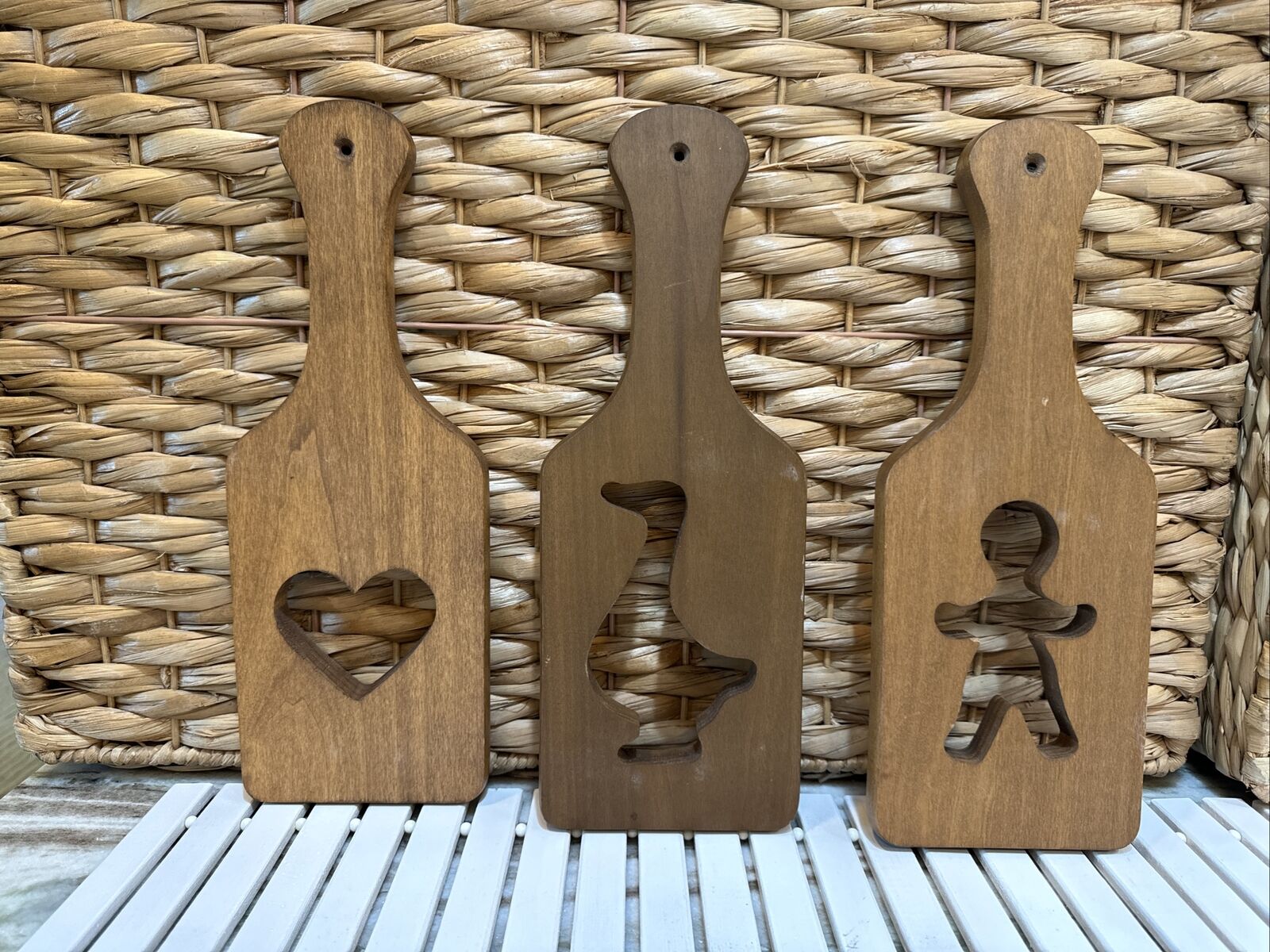 Set Of 3 Longaberger Design Wooden Paddles with Heart, Goose, Gingerbread Man