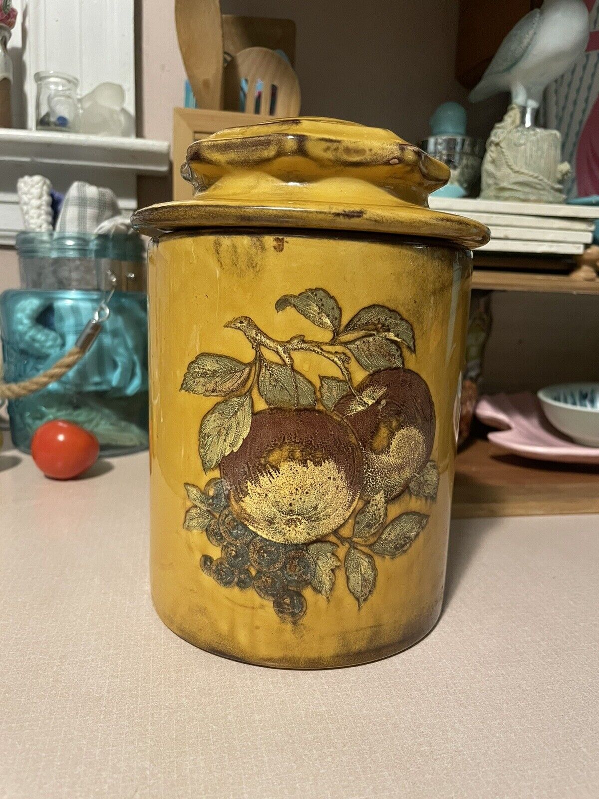 Vintage MCM Holiday Designs Large Rustic Fruit Print Marigold Ceramic Cannister 