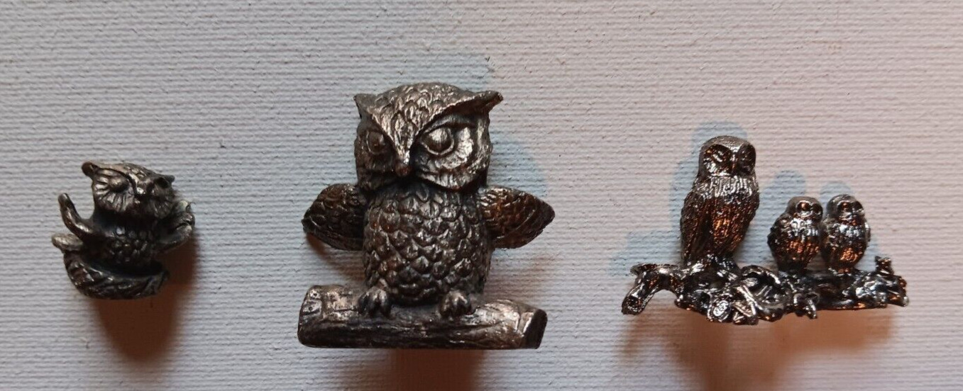 3 Vintage Miniature Pewter Owl Figurines 1.5” and Smaller