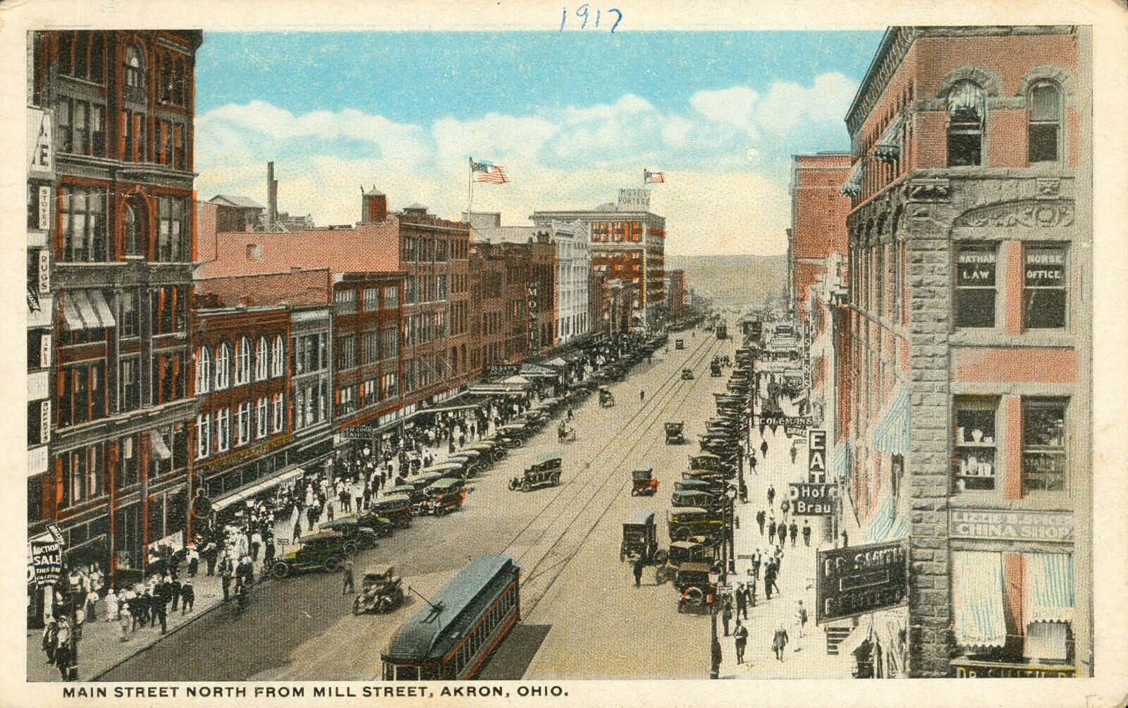 1917 Antique Postcard AKRON, OHIO Main Street North from Mill Street CARS PEOPLE