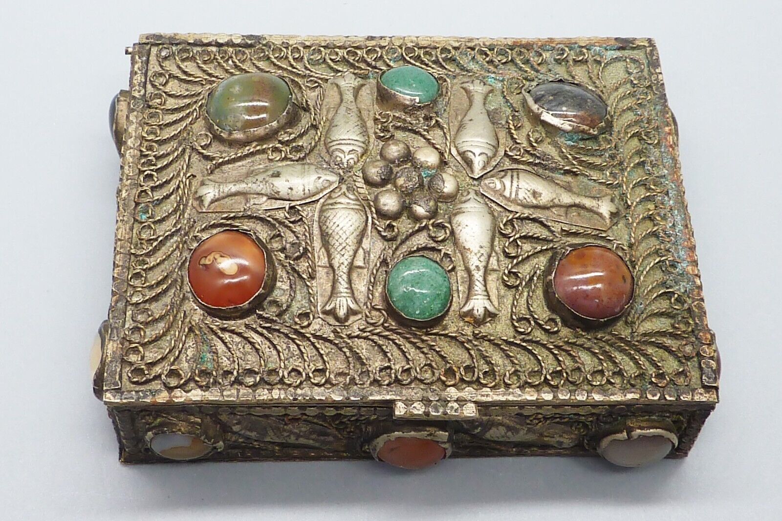 Vintage Handmade Silver Metal Trinket Box with Polished Stone Accents