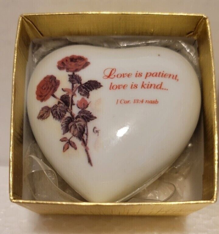 Vintage Ceramic Heart W/Red Roses Small Trinket Box 2\