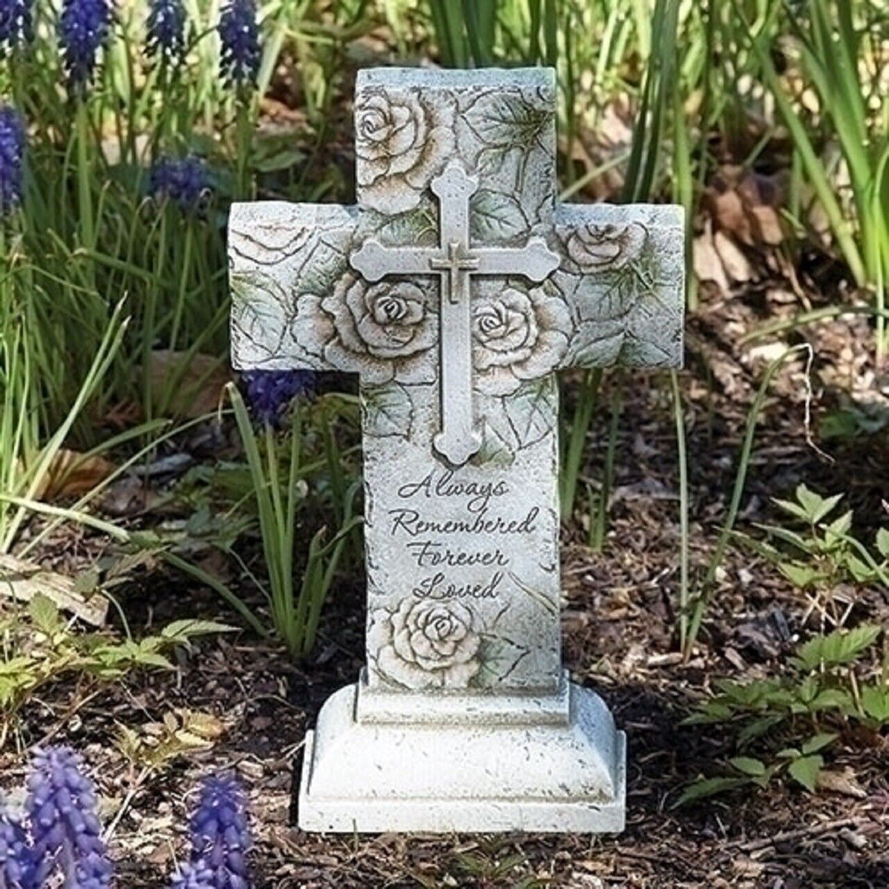 Roman Joseph Studio Memorial Cross with Roses Garden Statue 12 Inch Grey 602017