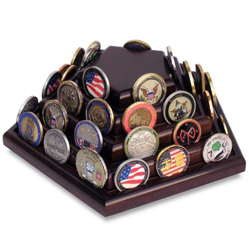 WALNUT WOOD WOODEN HOLDS 60 CHALLENGE COIN PENTAGON  SHAPE DISPLAY STAND