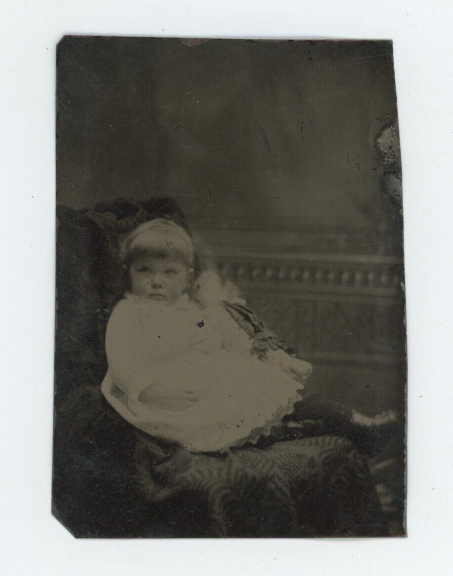 c1860'S 1/6 Plate TINTYPE Adorable Little Girl Sitting in Chair Holding Her Doll