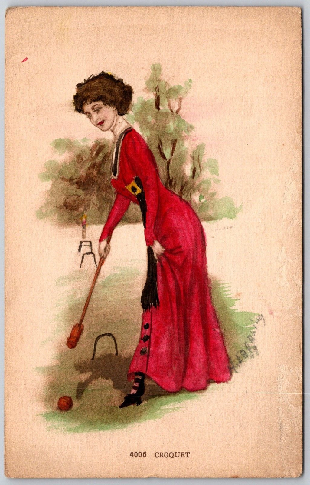 Vintage Postcard Beautiful Women in red Dress Playing Croquet roundated 1909