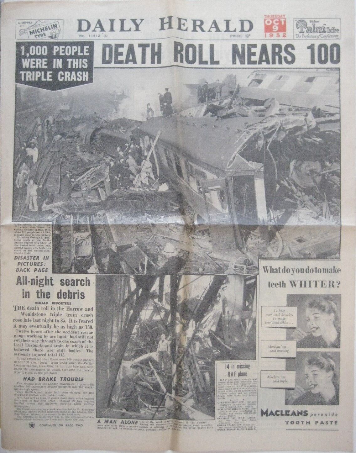 1952 Daily Herald TRIPLE TRAIN CRASH LONDON Newspaper Complete Edition Original