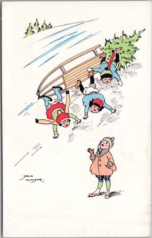 Vintage Winter Sports SKIING Comic Artist-Signed  Postcard \