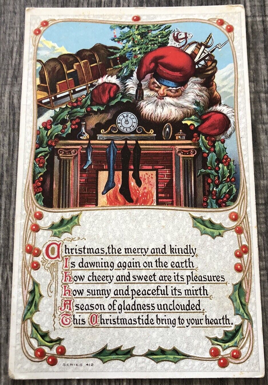 Santa Fireplace Toys Christmas Tree Stockings Embossed Vintage Postcard KK80
