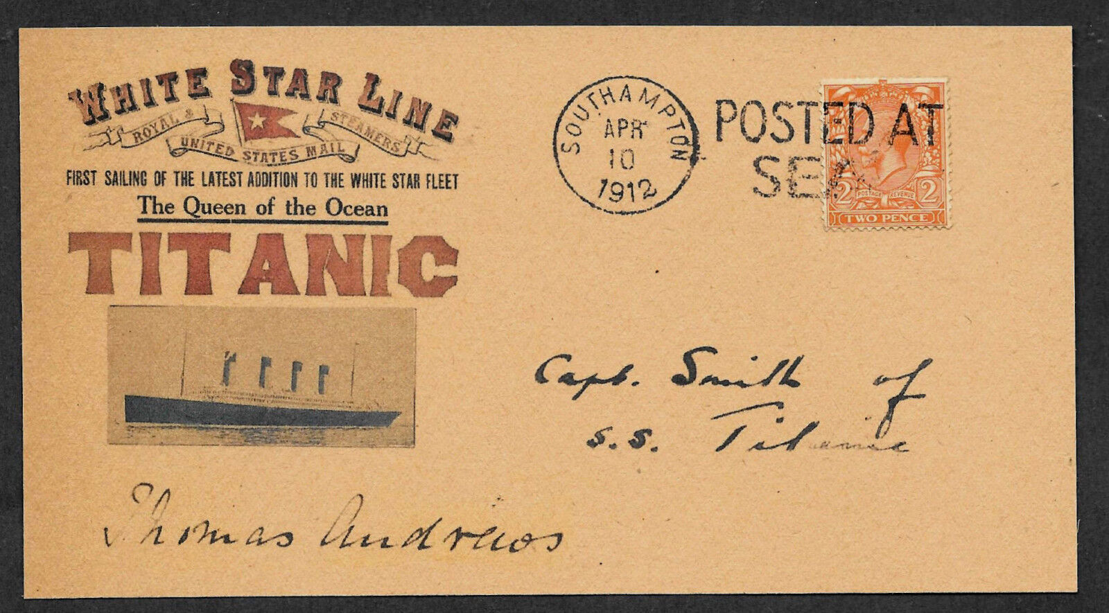Titanic Captain Smith Autograph Envelope Genuine 1912 Stamp Reprint  *OP1301