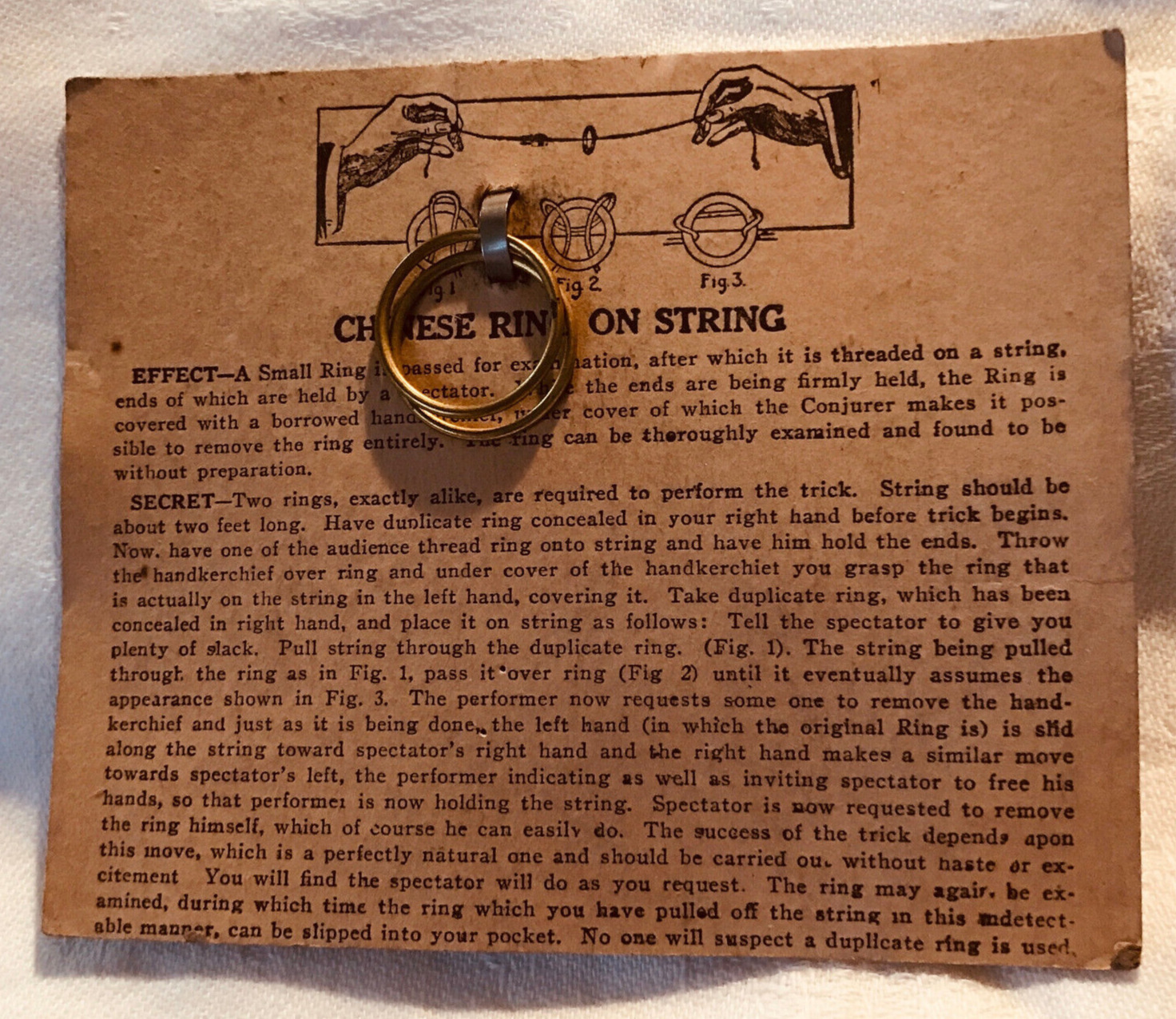 Antique Magic Trick. Chinese Ring on String. Original Card and Rings. 1920-30