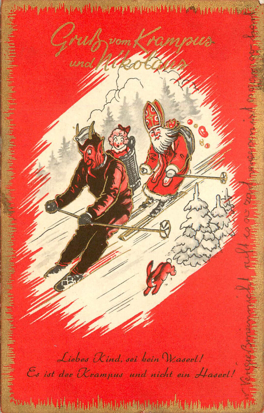 Gruss Vom Krampus & St Nicholas Christmas Postcard Santa Claus & Krampus Skiing
