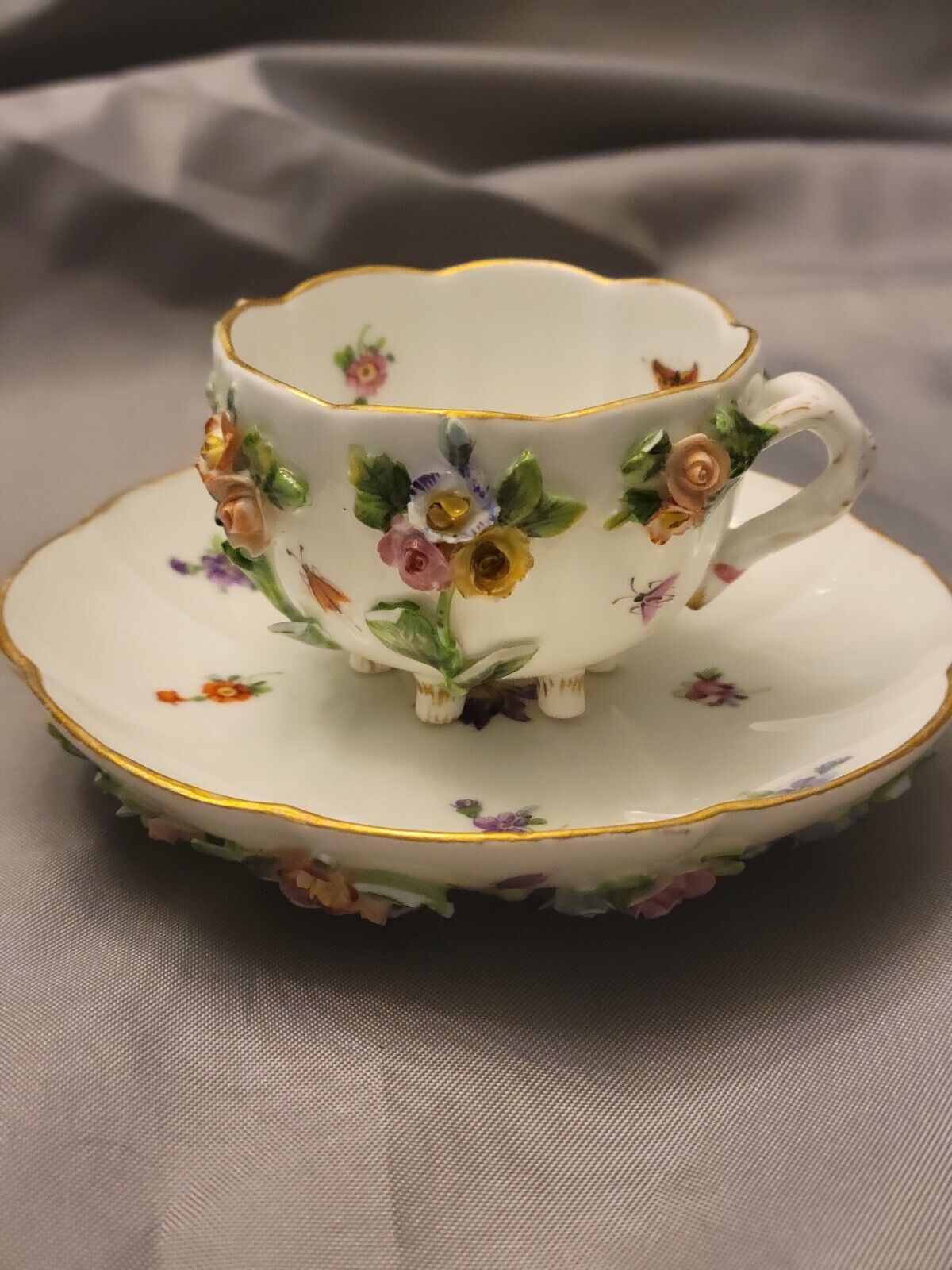 Antique Meissen Cup & Saucer set C1870 Applied flowers