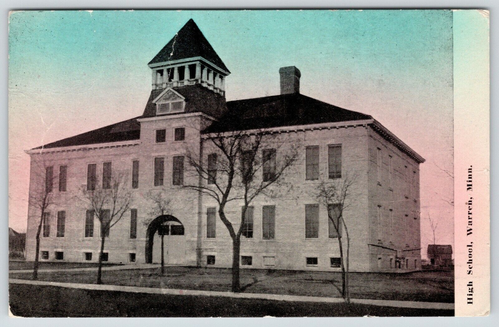 Warren Minnesota~High School~Bare Trees in Front~1913 Colored Sky Postcard