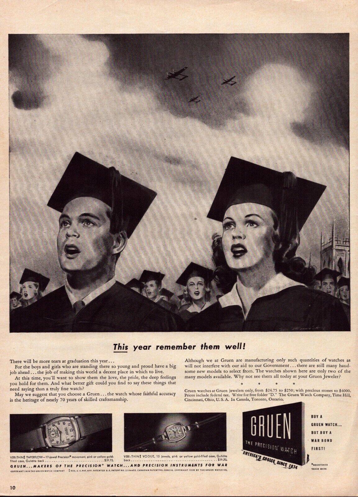 1943 Gruen Watch Print Ad WWII  Fighter Planes This Year Remember Them Well