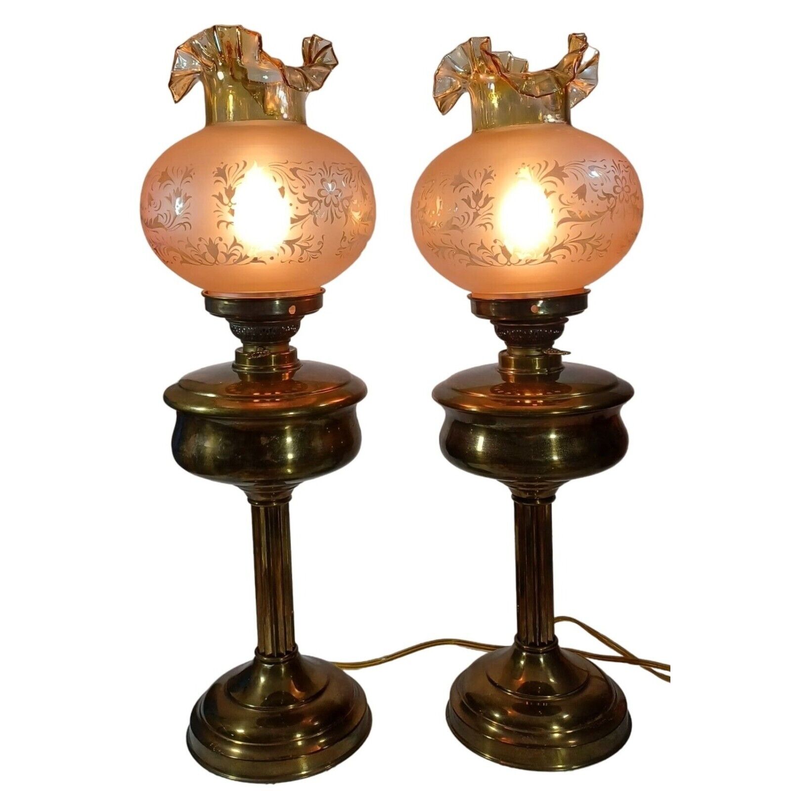 Antique Hurricane Oil Lamps Converted Electric Iridescent Fenton Amber Shades