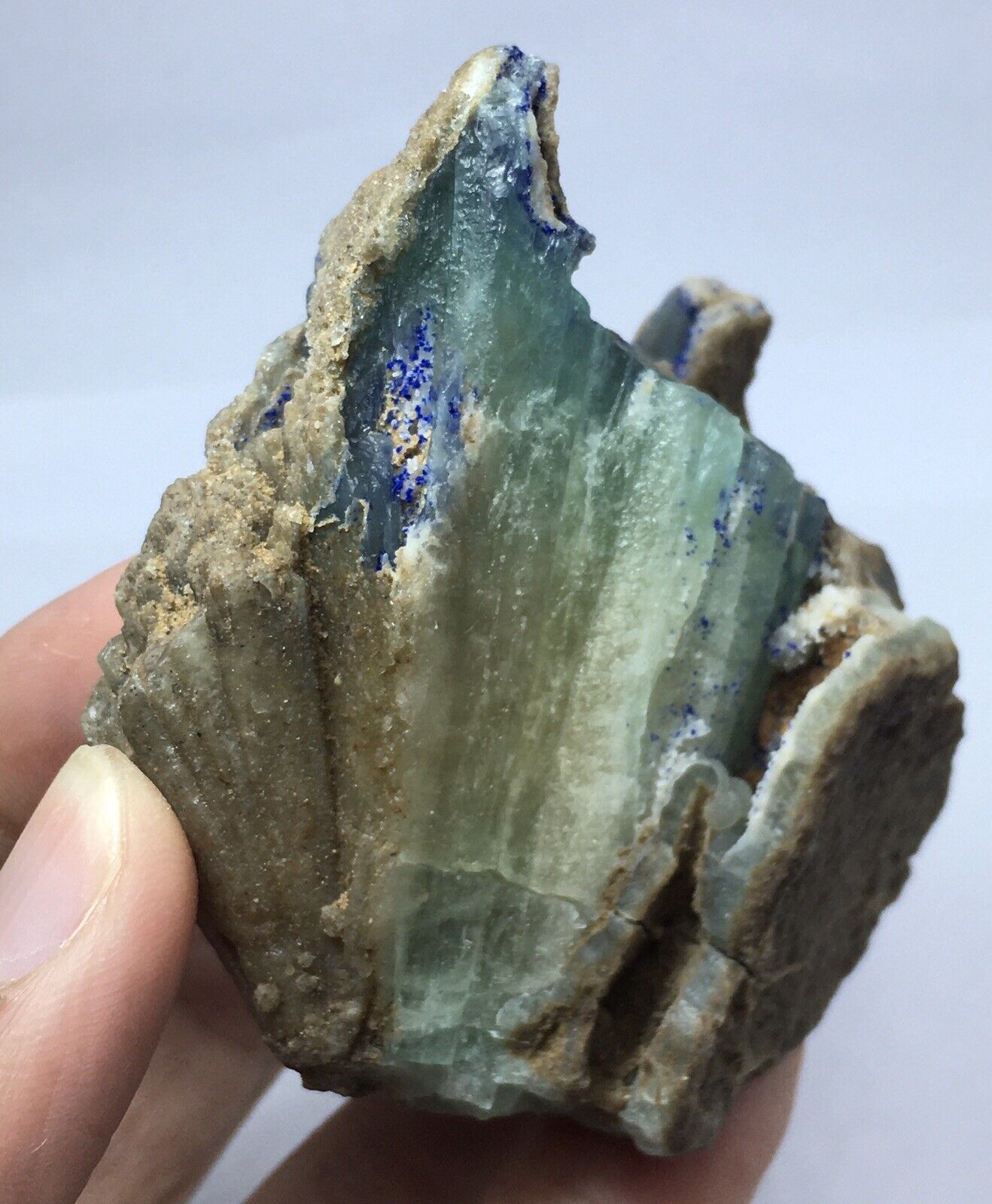 Bluish Green Aragonite crysta with Azurite Specs