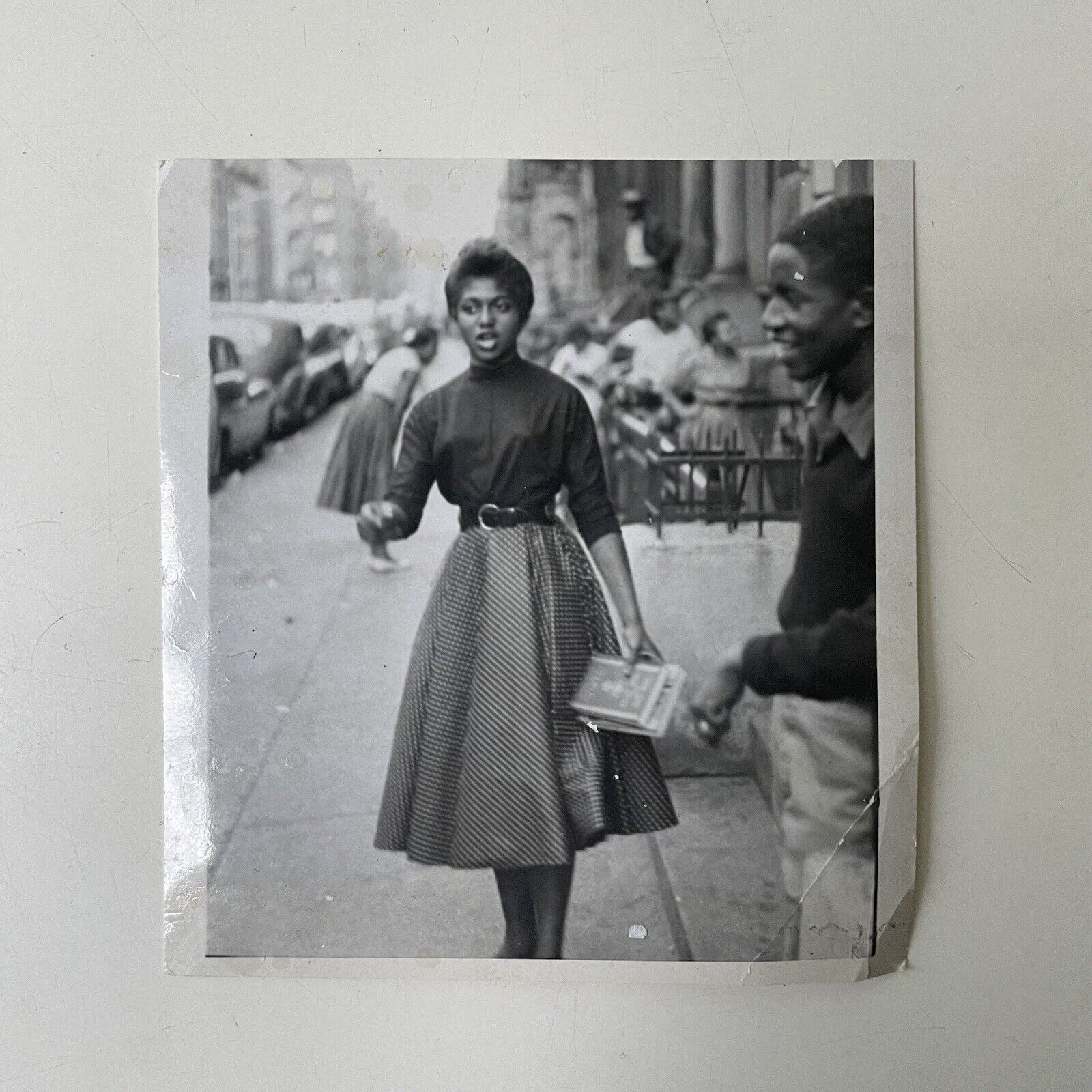 Vintage African American Snapshot Photo Black Woman Walking Down Street New York
