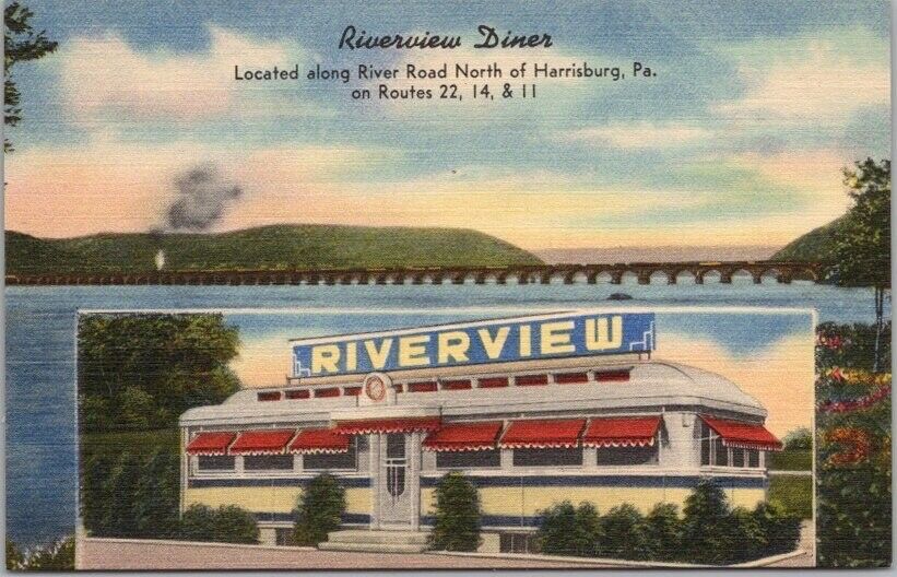 HARRISBURG, Pennsylvania PA Postcard RIVERVIEW DINER Route 22 Roadside Linen