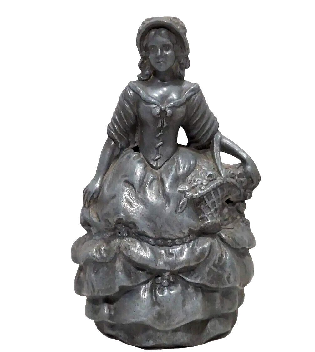 Vintage Coin Bank Cast Metal Woman Bonnet Flower Basket Dress Colonial Jar top