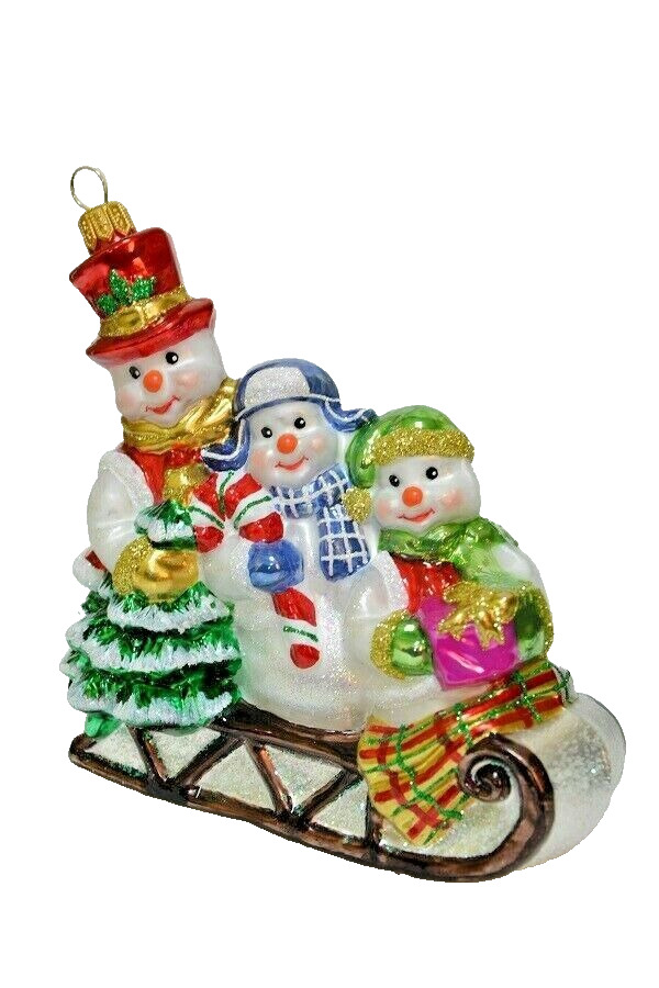 Glassware Art Studio 3 Snowmen In A Sleigh Glass Ornament S420 New Stunning (3