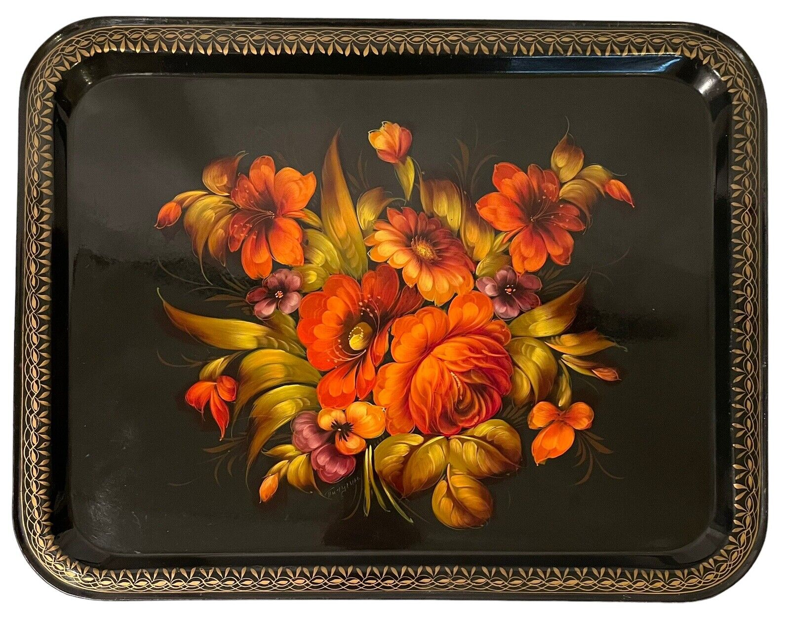 Vintage Russia Tole Metal Tray Floral Yellow Orange Black Zhostovo Artist Signed