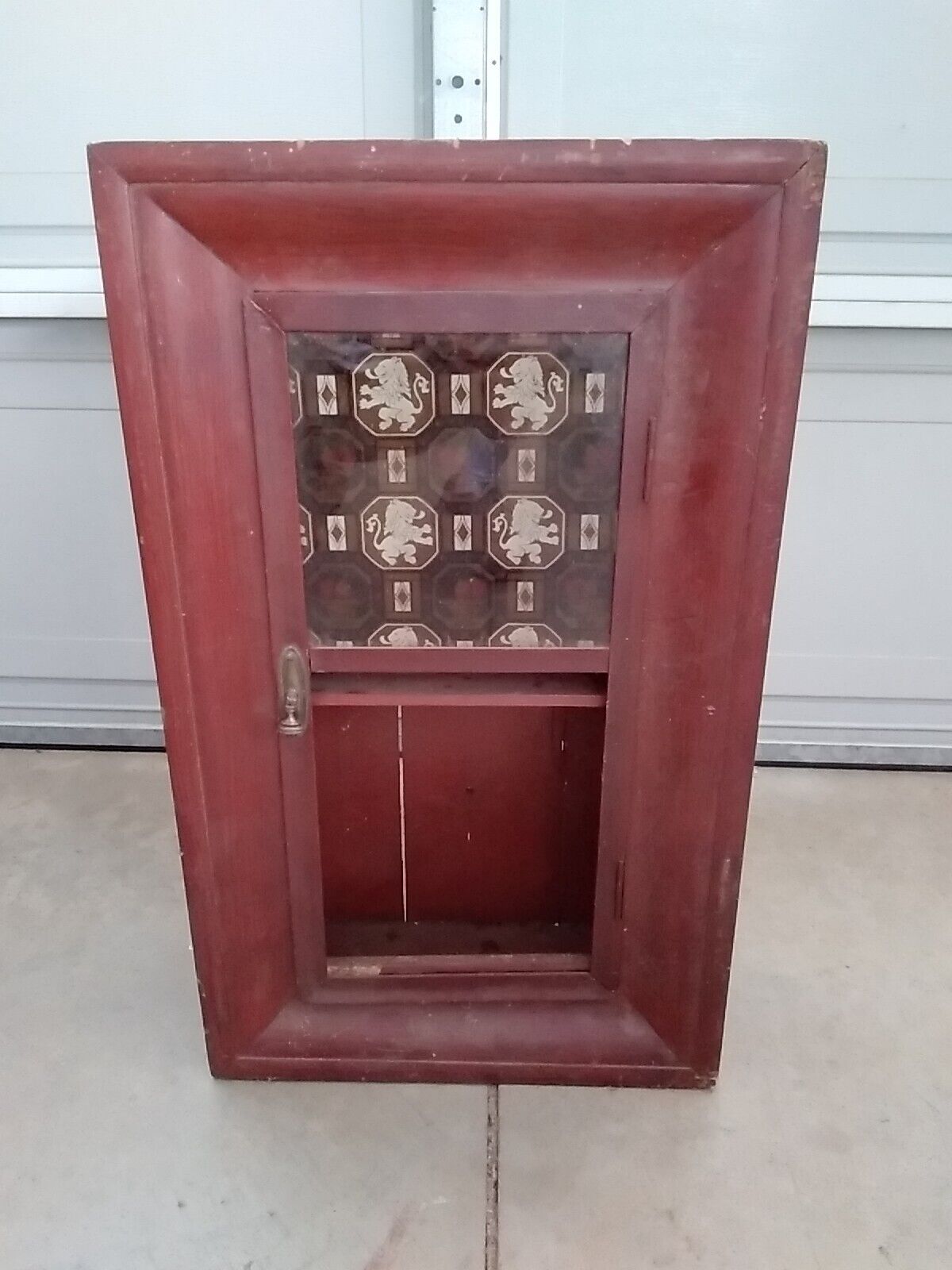 Antique Ogee Style Shelf Cabinet Clock Case Rampant Lion Logo.