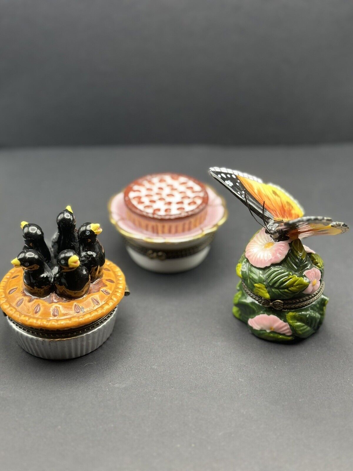 3 Direct Connection Industry VTG Trinket Boxes PHB Butterfly, Cheesecake & Pie