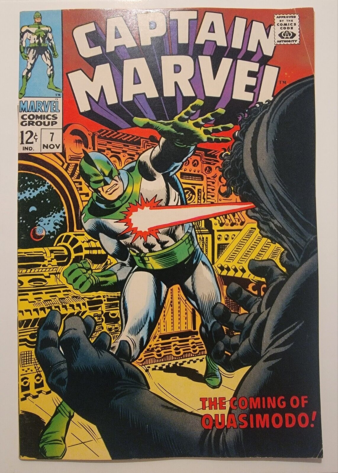 Captain Marvel #7 VF+ Quasimodo App. 1968 Roy Thomas,  High Grade Silver Age 