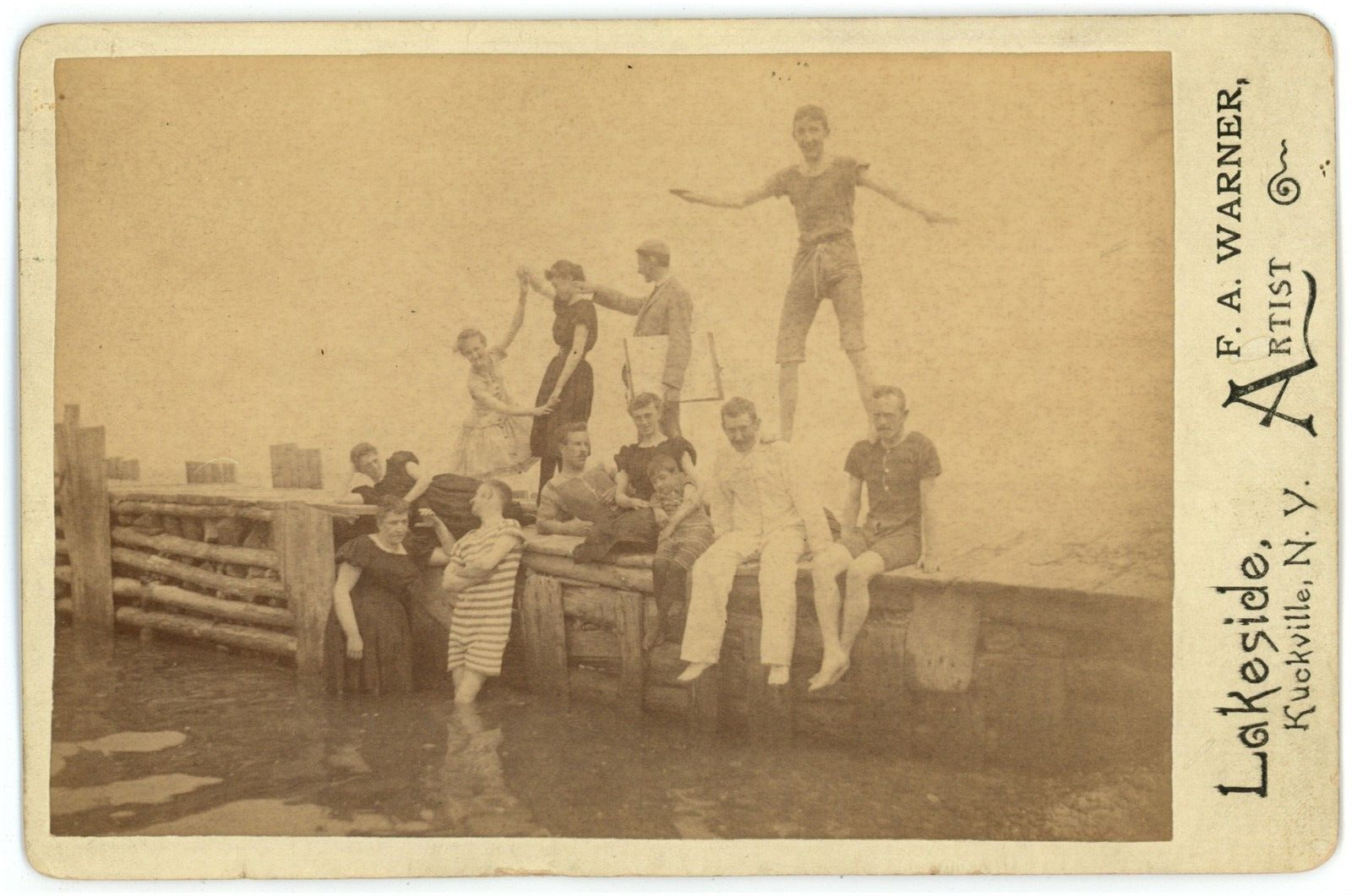 CIRCA 1880'S RARE CABINET CARD Fun Men & Women Victorian Swimsuits Kuckville, NY
