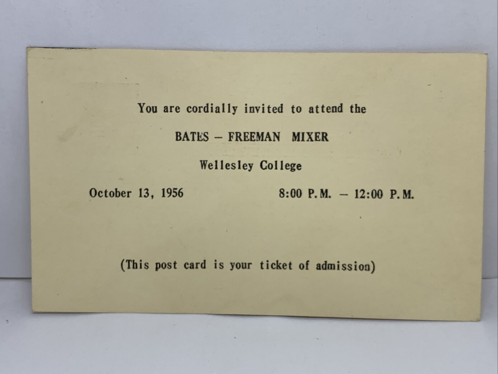 1956 Wellesley College Bates Freeman Mixer Invitation Post Card Ticket Boston