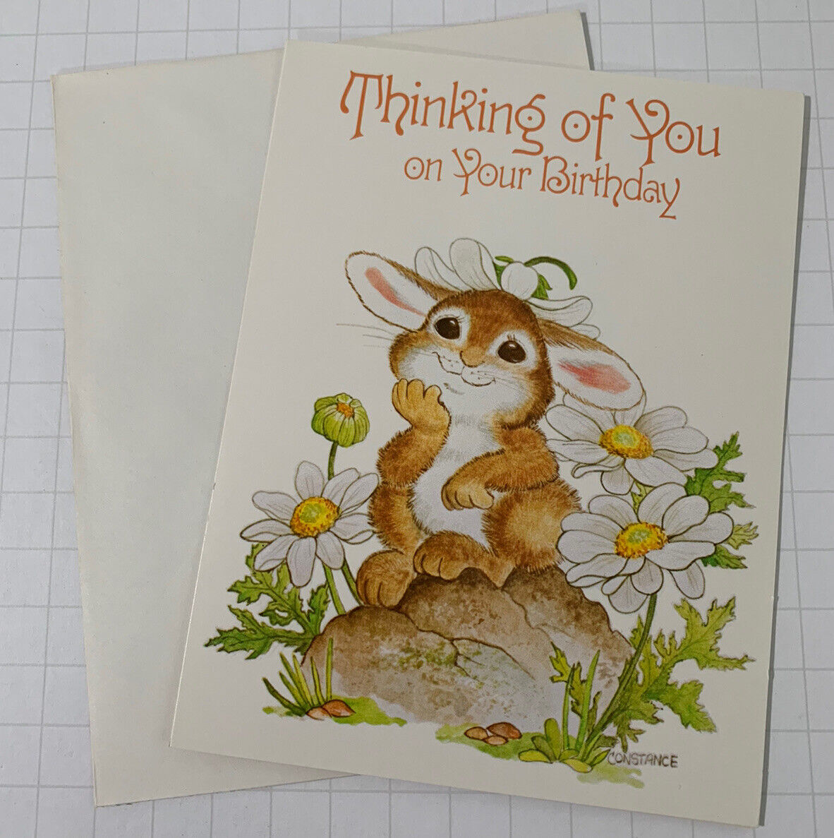 Vintage Greeting Card Birthday Daisy Bunny Rabbit Floral Garden Ephemera Unused