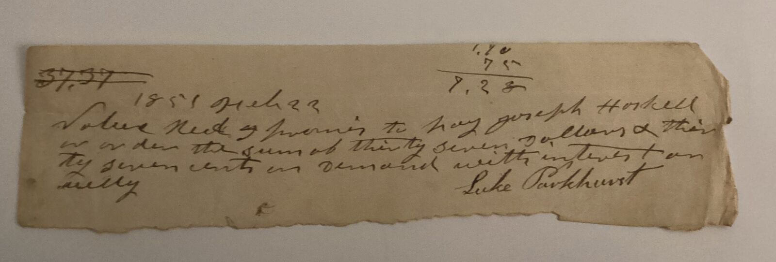 Handwritten Receipt Document ID Signed Luke Parkhurst 1851 Antique Genealogy