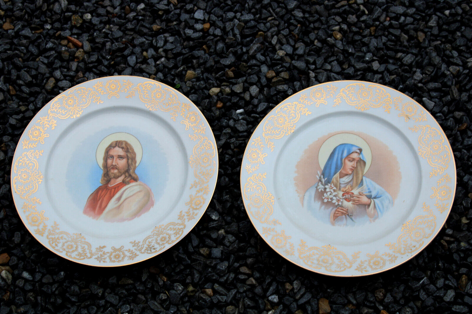 PAIR vintage BAVARIA german porcelain religious christ mary portrait plates 60s