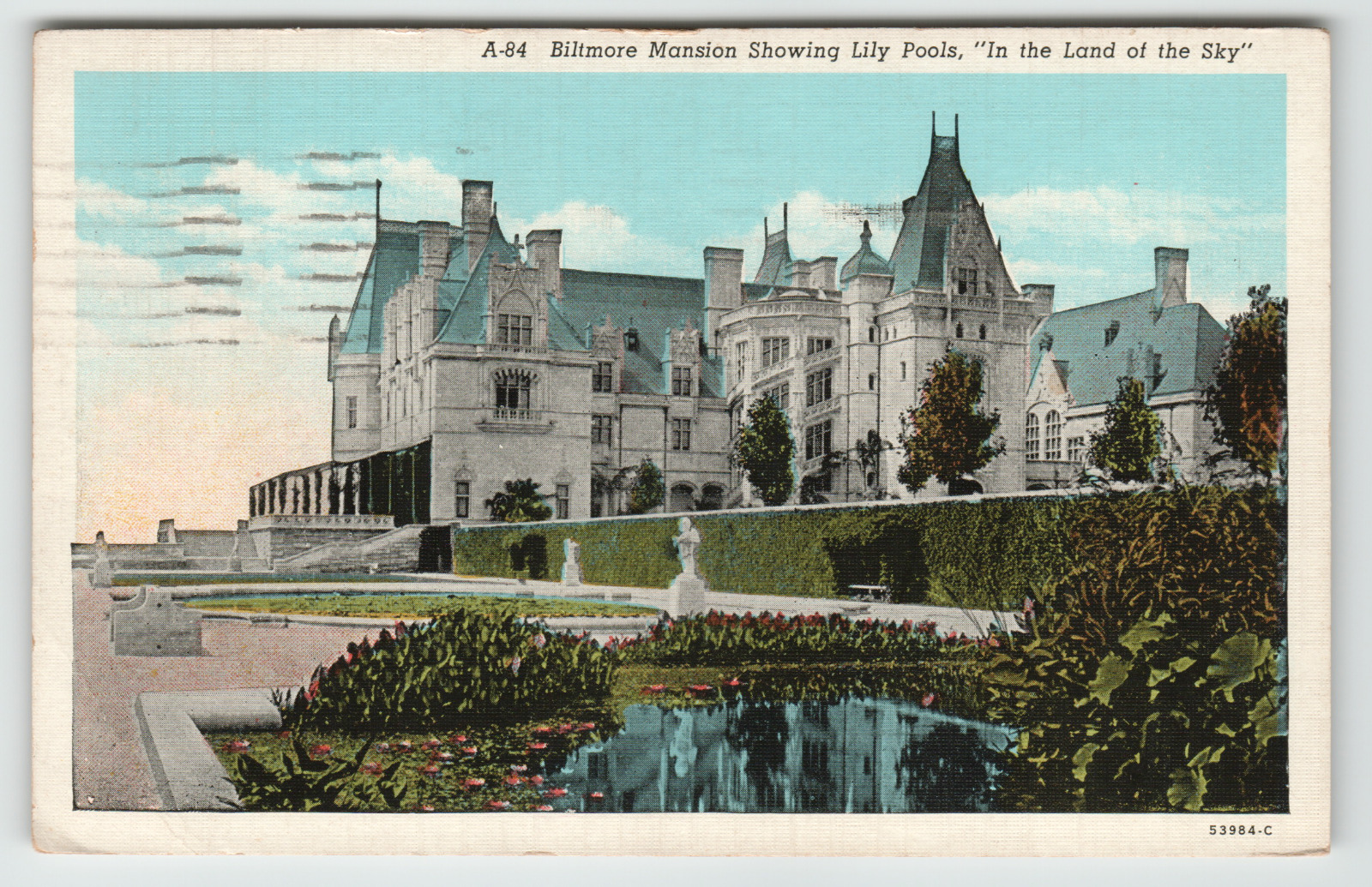 Postcard Vintage Biltmore Mansion Lily Ponds In The Land Of The Sky Ashville, NC