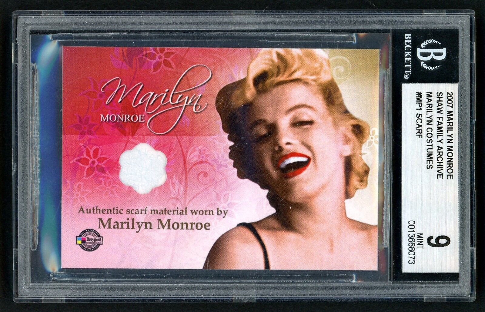 MARILYN MONROE 2007 BREYGENT SHAW FAMILY ARCHIVE #MP1 WORN SCARF CARD BGS 9.0